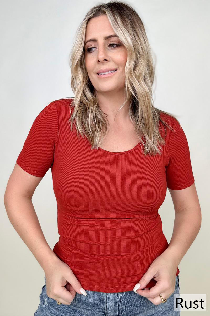 Fawnfit Basic Ribbed Fitted Tee with Built In Bra